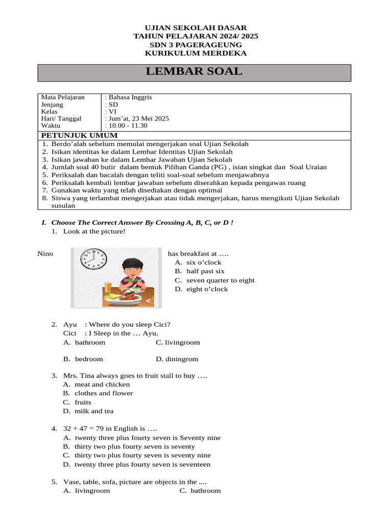 Soal Ujian Sekolah Bahasa Inggris Kurmer 2425 PDF
