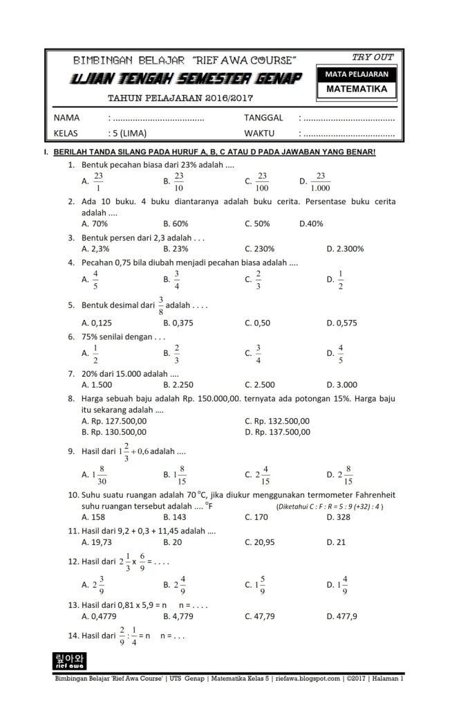soal pas kelas 5 semester 2