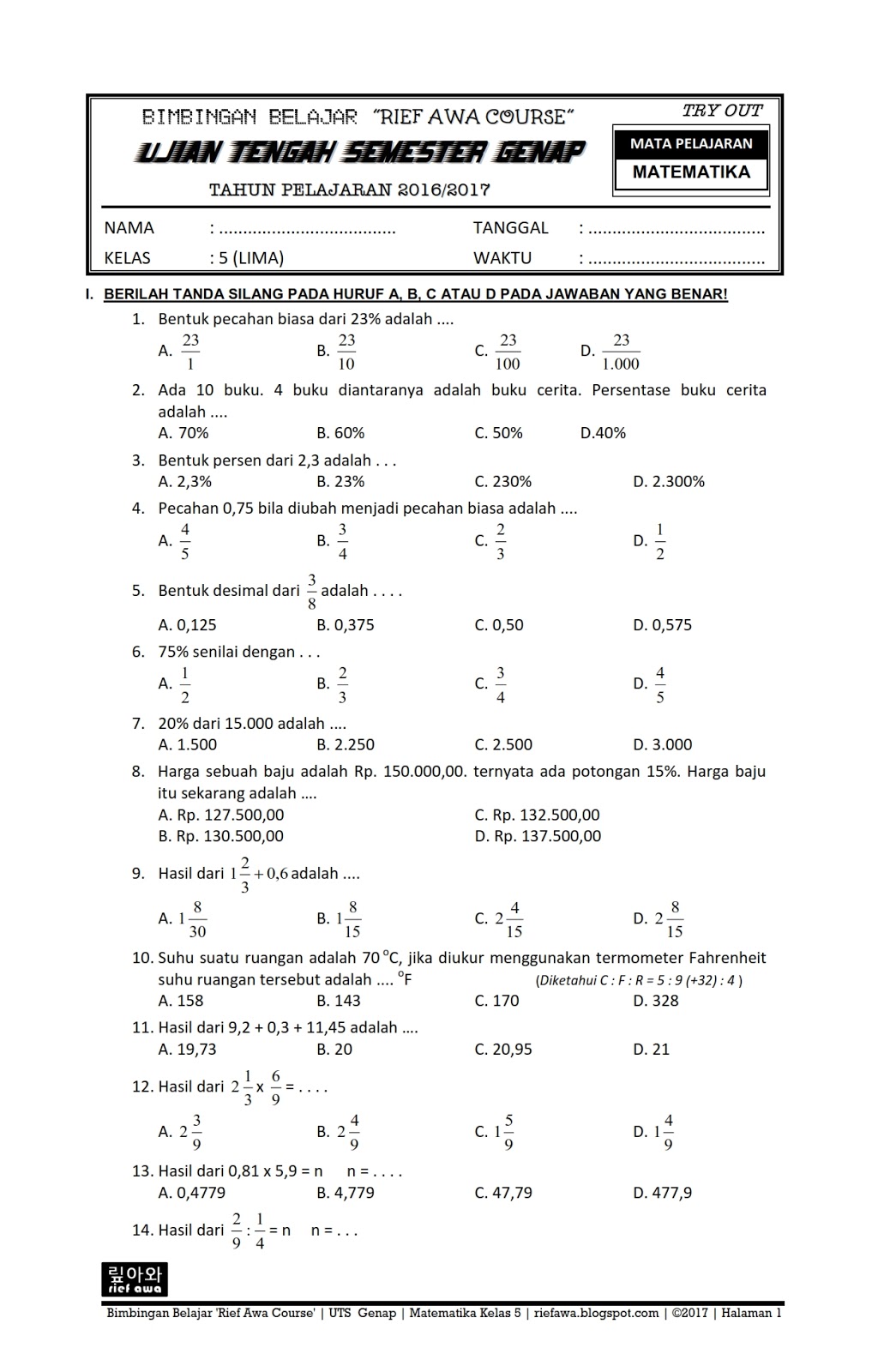 soal pas kelas 5 semester 2