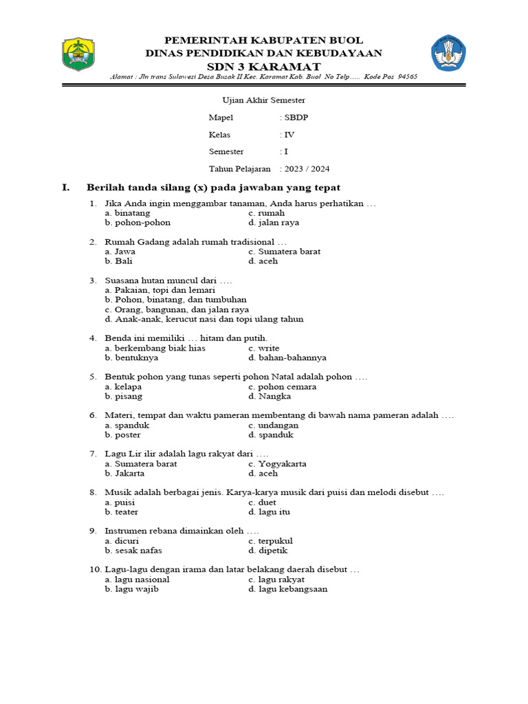 soal sbdp kelas 4 semester 2